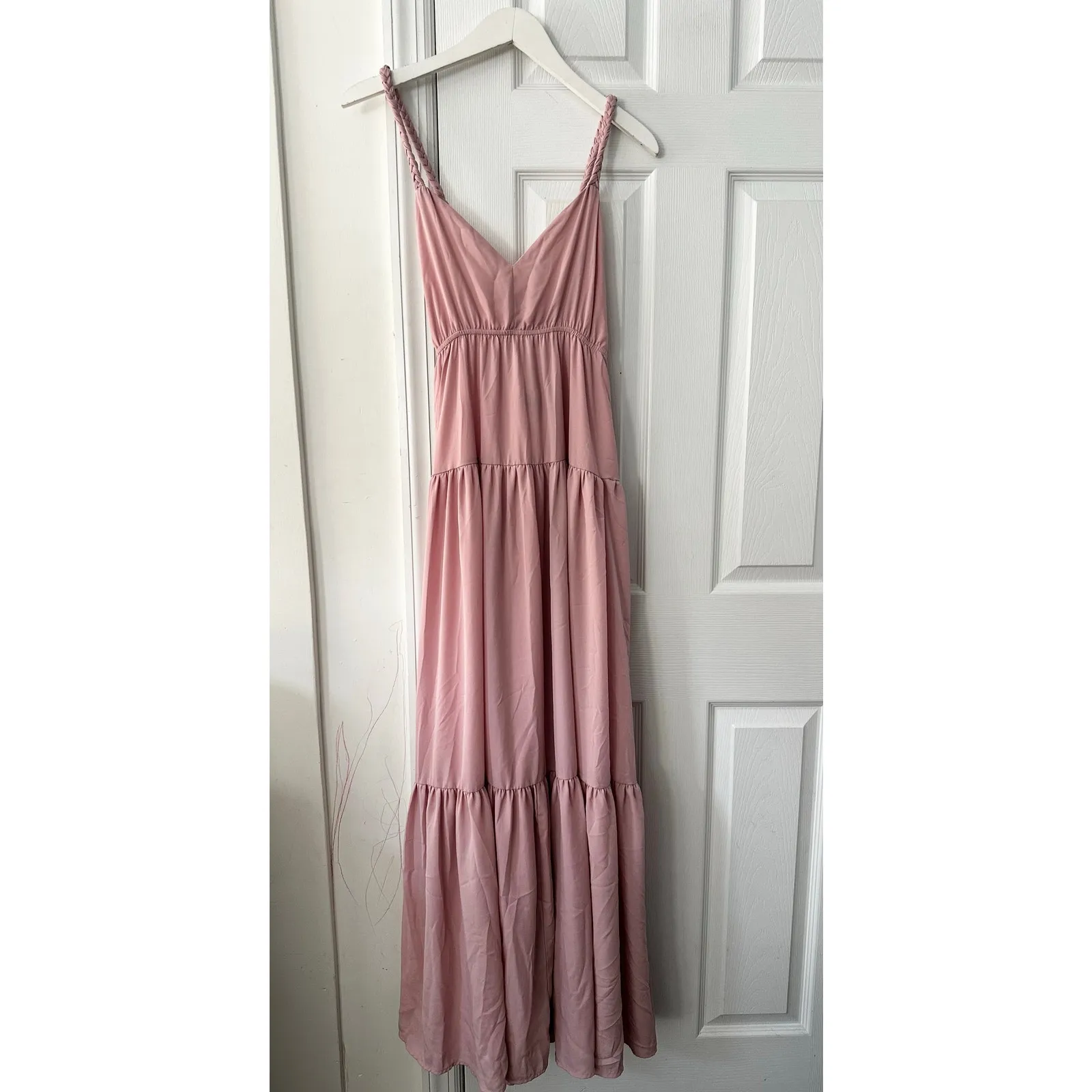 Lulus Lulu’s Sunshine Bound Mauve Blush Pink Tiered Tie Braid Maxi Dress Small Wedding - Image 4