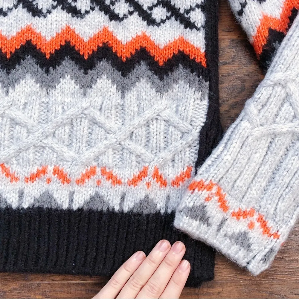 Magaschoni • chunky sweater fair isle Scandi cable knit orange grey black ski - Image 6