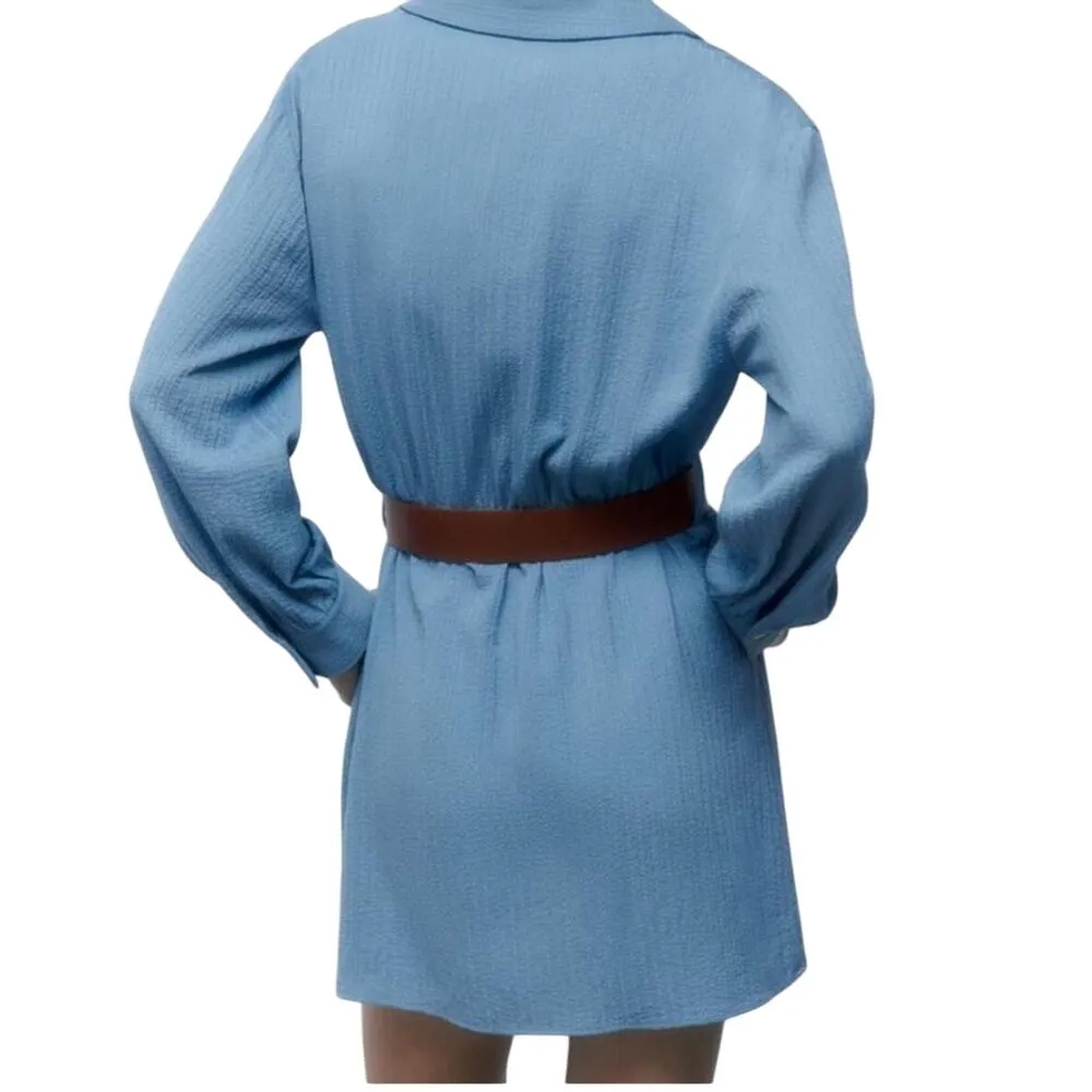 NWT Women’s Large Casual Blue Mini dress lapel collar long sleeves belted - Image 2