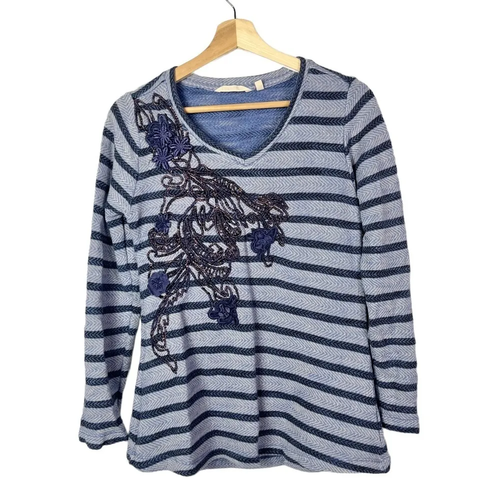 Soft Surroundings Syrah Blue Stripe Floral Long Sleeve Knit Top XS - Image 2