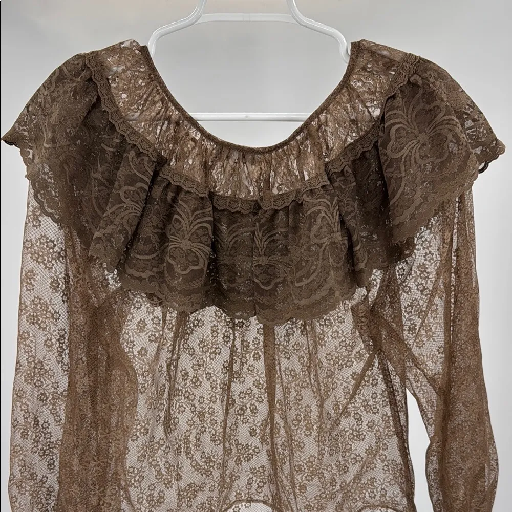 Vintage Toppings sheer Brown Lace Ruffle Top new deadstock boho lace 12 nylon - Image 3