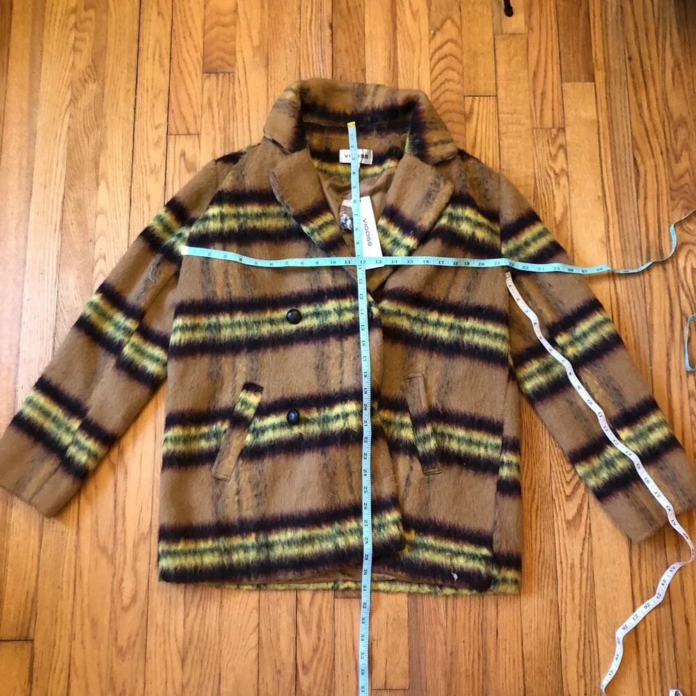VIGOSS NWT Womens Lemon Brown Tan Yellow Plaid Double Breasted Peacoat Large - Image 4