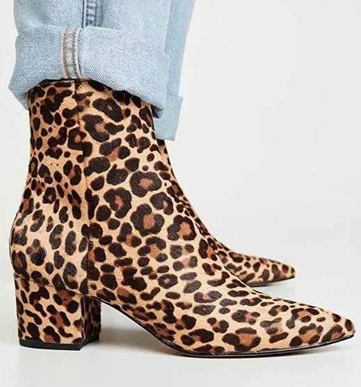 Bel Point Toe Booties Dark Leopard Calf Hair Chunky Heel Leather - Image 3