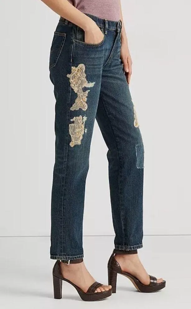 Lauren Ralph Lauren Lace Patchwork Relaxed Tapered Jeans Size 16, New w/Tag $245 - Image 6