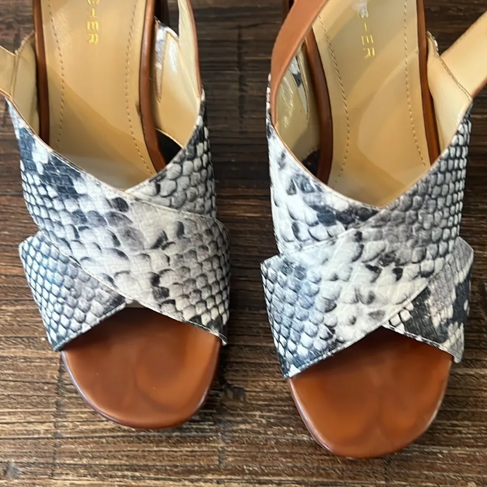 Marc Fisher Snake Print Leather Block Heel Sandals Size 8 Criss Cross Brown Boho - Image 6