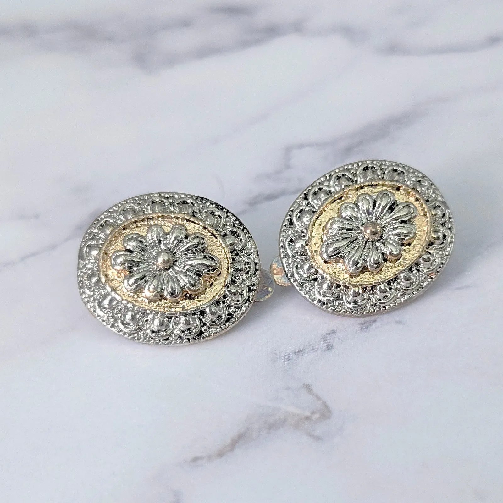 Vintage Clip On Earrings Statement Ornate Gold Tone & Silver Tone Oval - Image 4