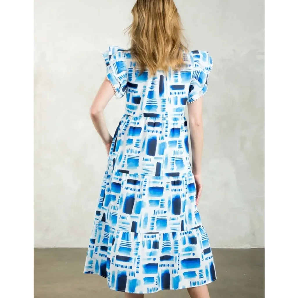 THML Blue and White Abstract Patterned Short Sleeve Notched Neck Midi Dress M - Image 2