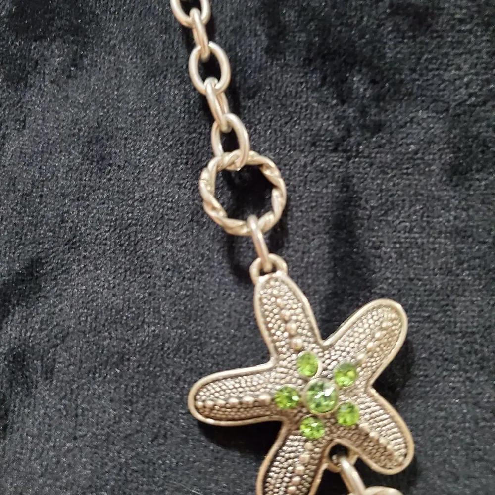 Women's Triple STARFISH Silver Tone Necklace Aquamarine Textured Rhinestones Cry - Image 5