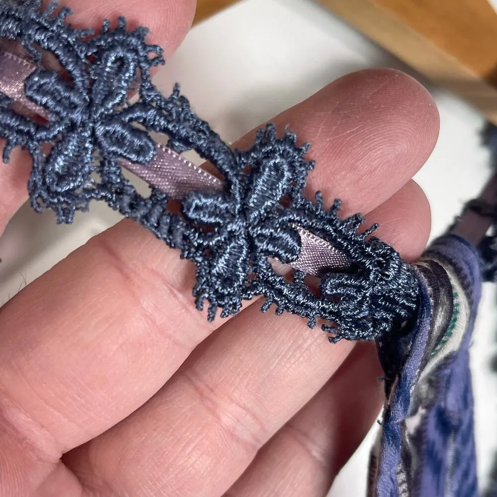 FREE PEOPLE Women’s Navy Lace Floral Sequin Trim Bubble Hem Boho Top - Image 6