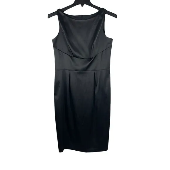 Satin Feel Sleeveless Tapered Waist Knee Sheath Black Dress 8 - Image 2