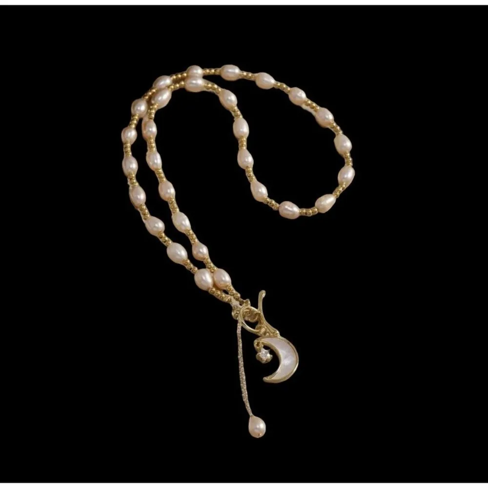 Mother Of Pearl Necklace Moon Charm OT Buckle White stainless steel jewelry NEW - Image 7