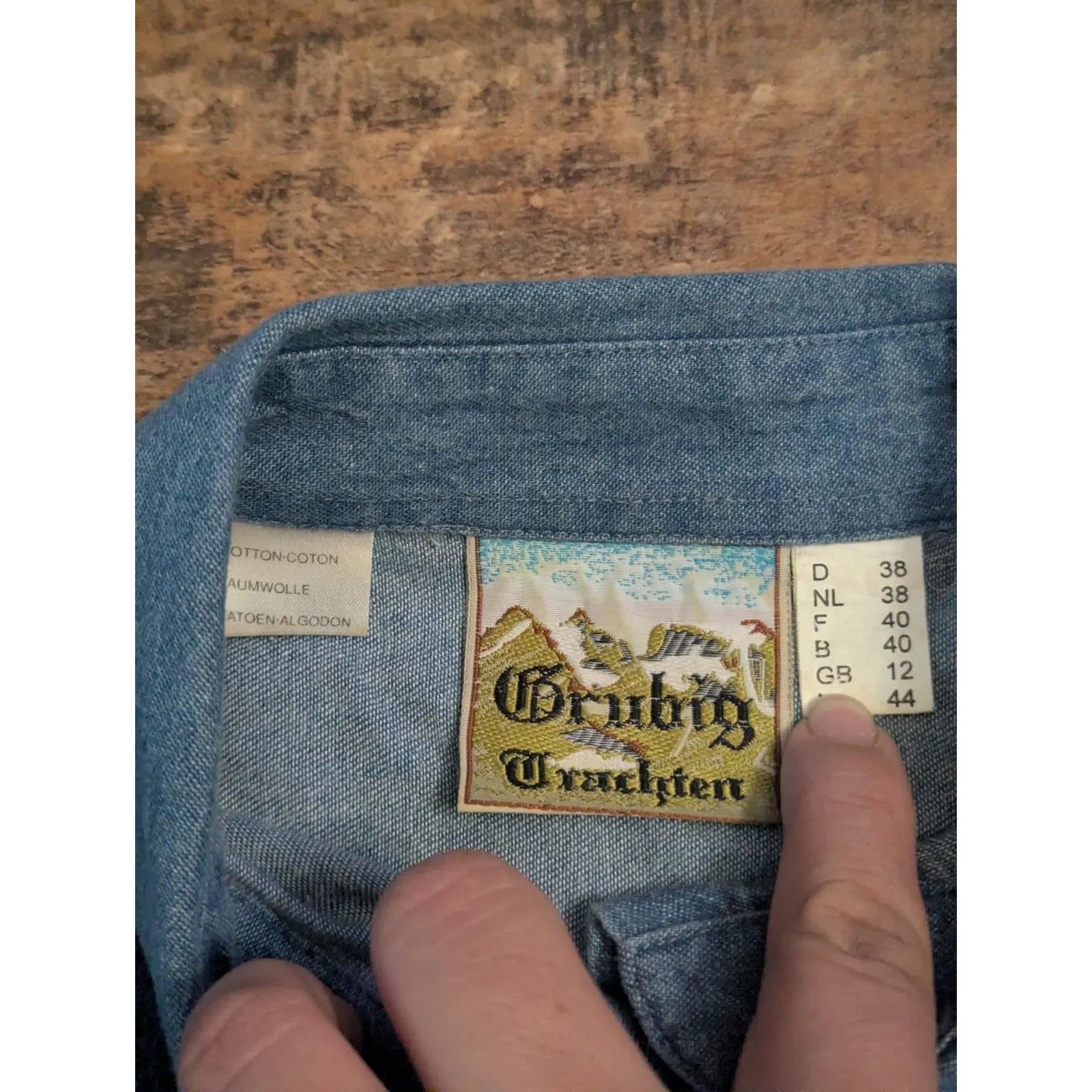 Vintage Grubig Trachten Austrian Denim Shirt Metal Coin Sun Buttons Western L Blue Size L - Image 4