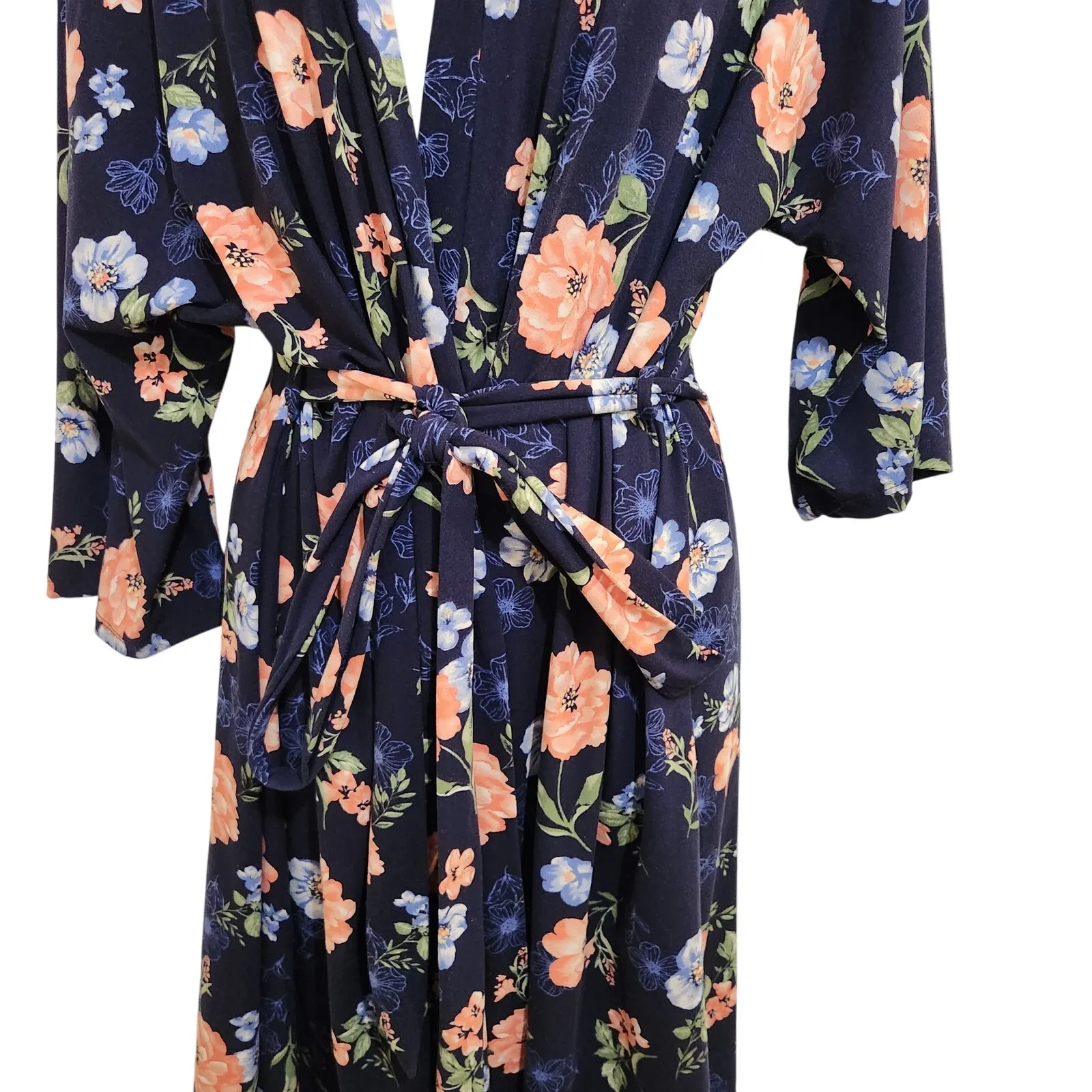 Laura Ashley Navy Blue Floral Sleepwear Belted Robe Mid Length Relaxed Size XL - Image 5