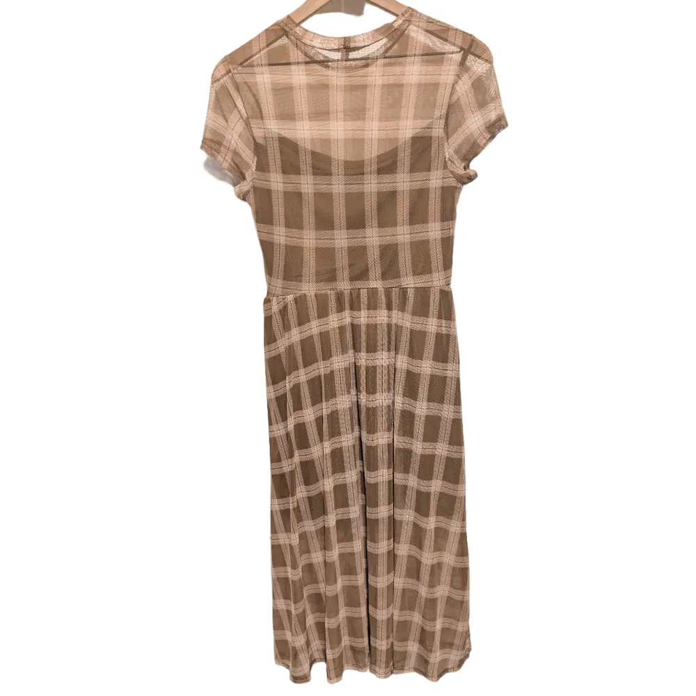 AUW Plaid Mesh Overlay Midi Dress Large Sheer Y2K Neutral Minimalist Chic Twee Pink - Image 8