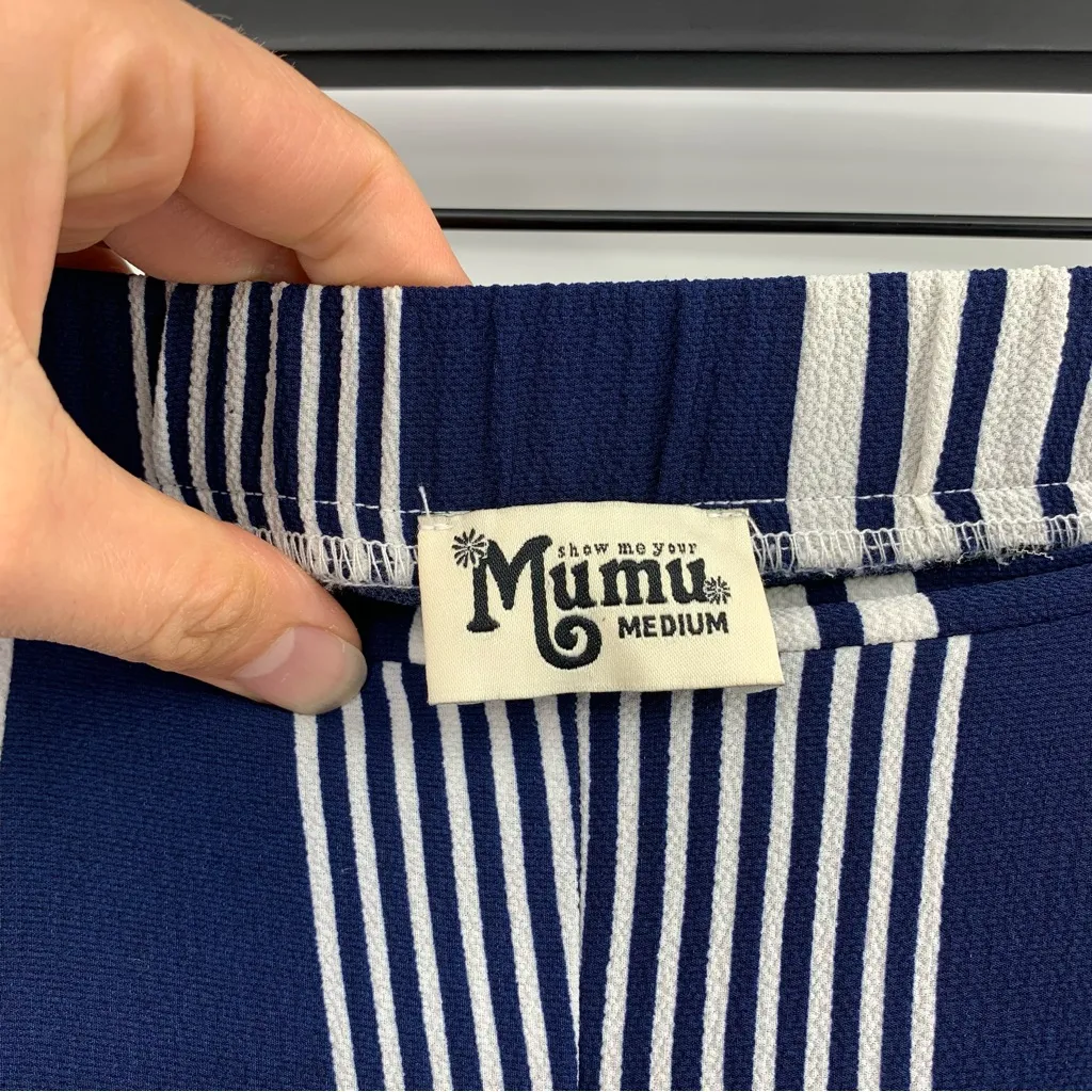 SHOW ME YOUR MUMU Eli's Wide Leg Striped Trousers Navy Blue White M - Image 9