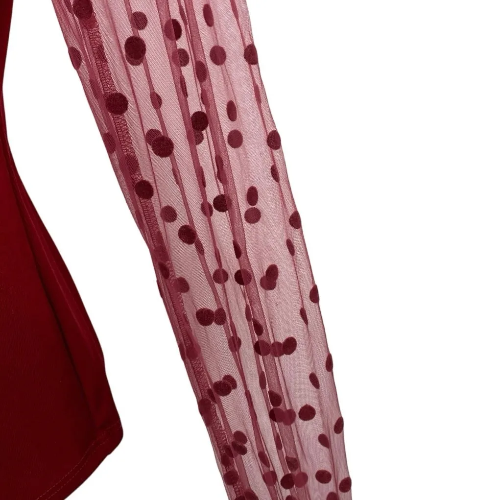 B Red Long Sleeve Mesh Polka Dots Ribbed Knit Mock Neck Ruffle Blouse Top Size M Size M - Image 3