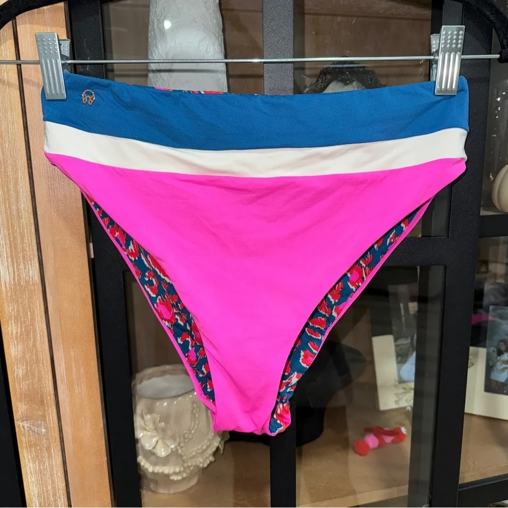 Maaji Reversible Susy Q Fuchsia Prussian High Rise Leg Bikini Bottoms waisted - Image 9