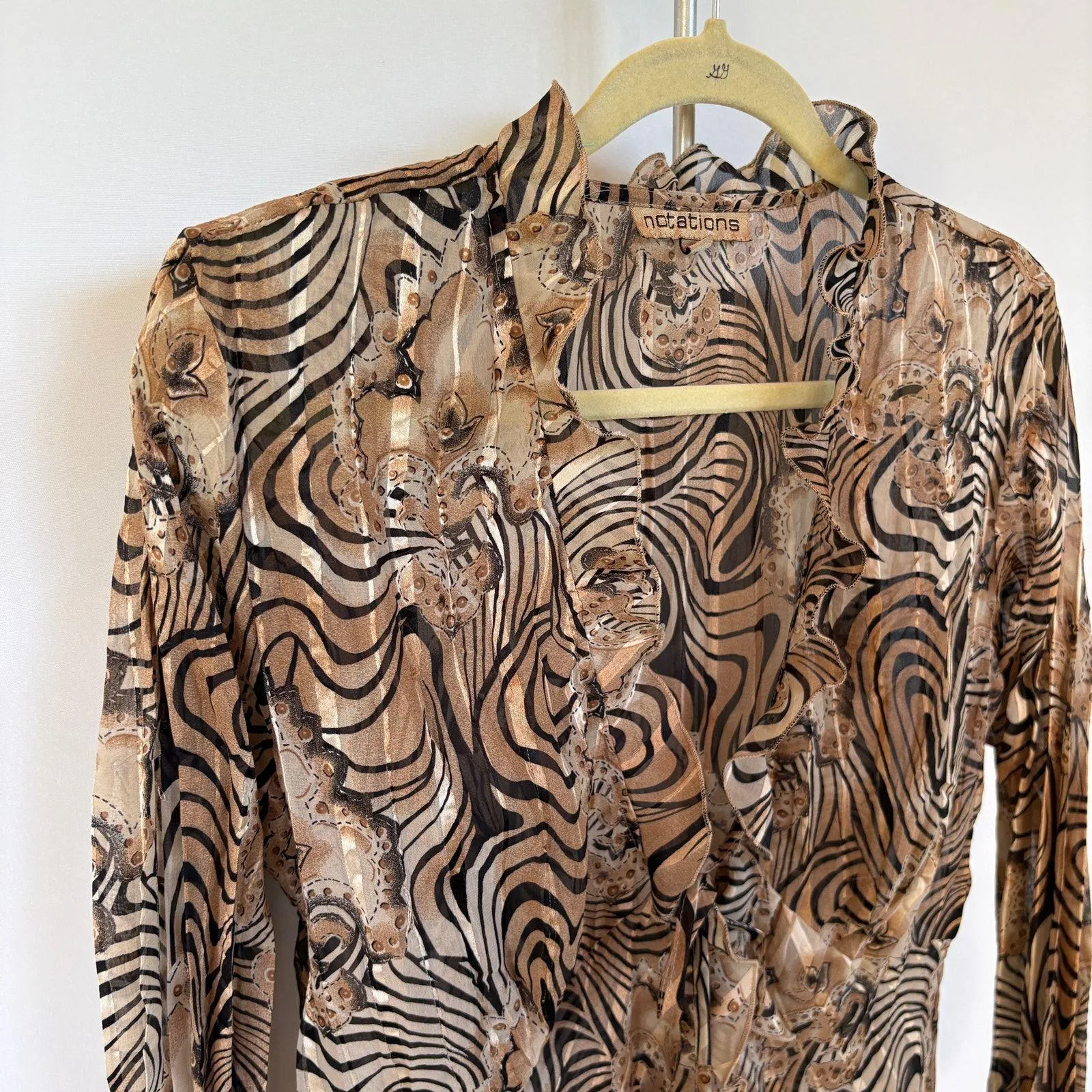 Y2K Hippie Neutral Sheer Blouse Whimsygoth Party Fall Psychedelic Ruffle Medium - Image 2