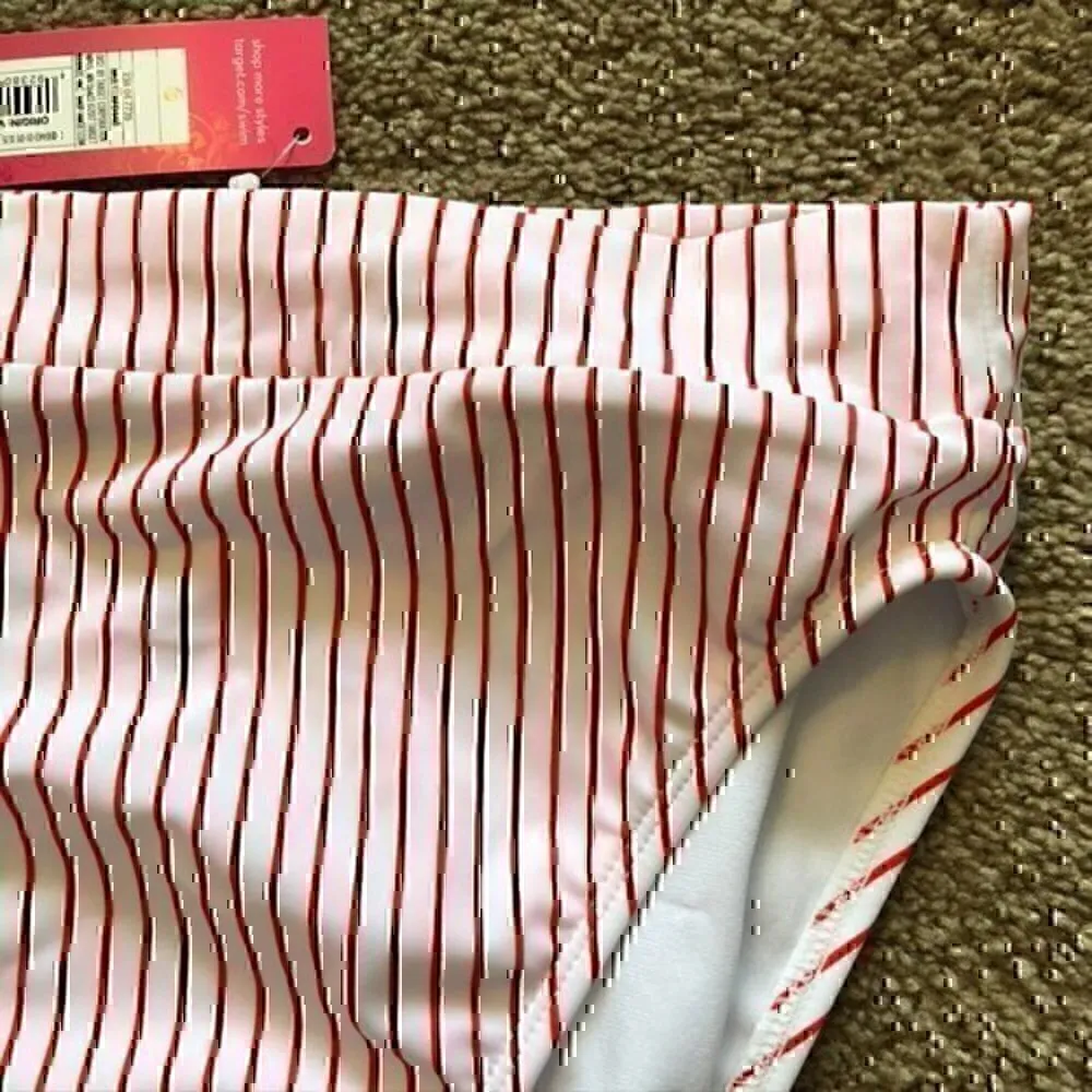 NEW XHILARATION High Leg High Waisted Bikini Bottom White Red Stripe Retro Small - Image 3
