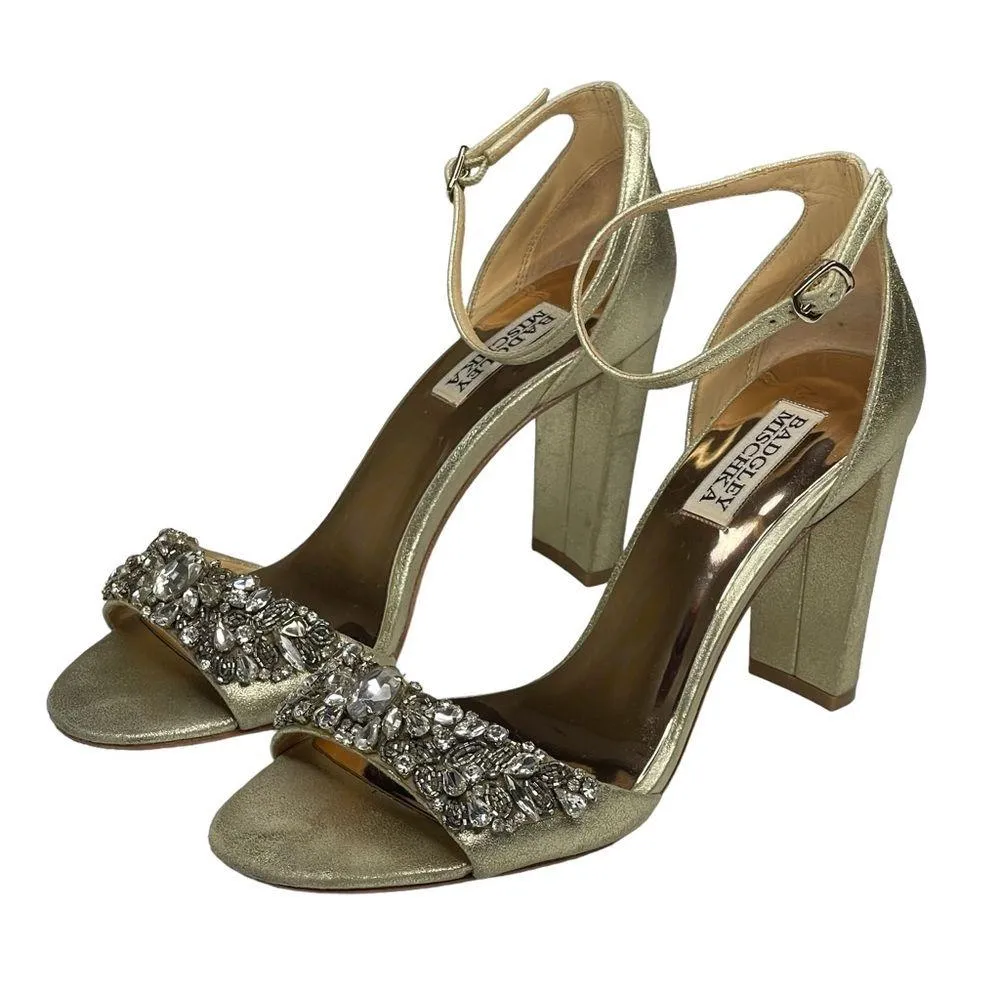 ❧ Barby Crystallized Heeled Sandals ❧ Gold Shimmery Leather ❧ 8M - Image 7