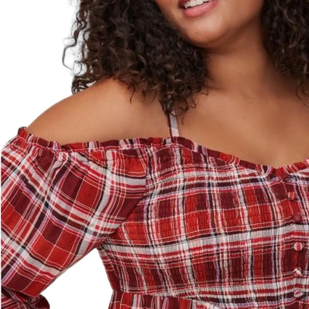 PLAID COLD SHOULDER SMOCKED LONG SLEEVE RUFFLE BOHO ADJUSTABLE STRAP TOP - Image 4