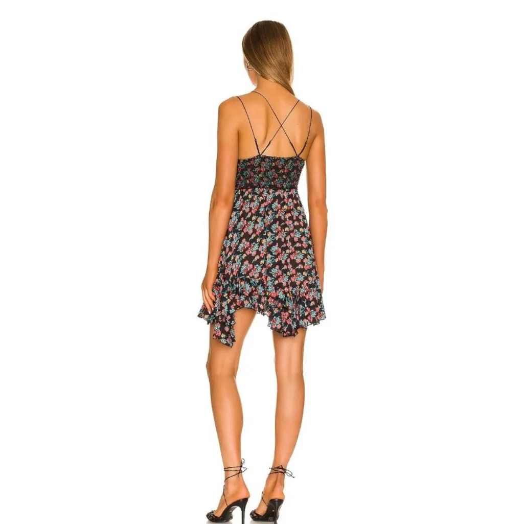Free People Adella Printed Slip Mini Dress Black Combo Floral Smocked XS Girly - Image 6
