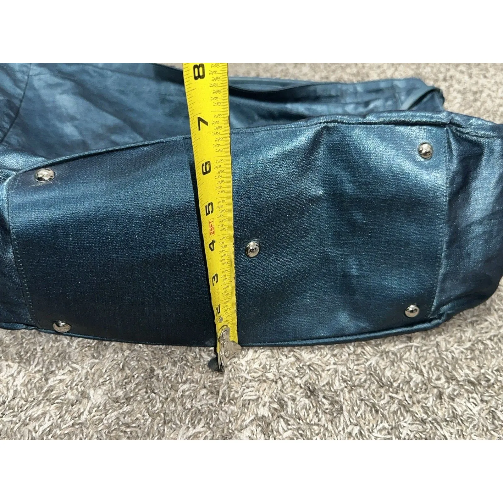 Vintage Furla Large Teal/Petrol Blue Iridescent Leather Shoulder Bag Hobo Tote - Image 5