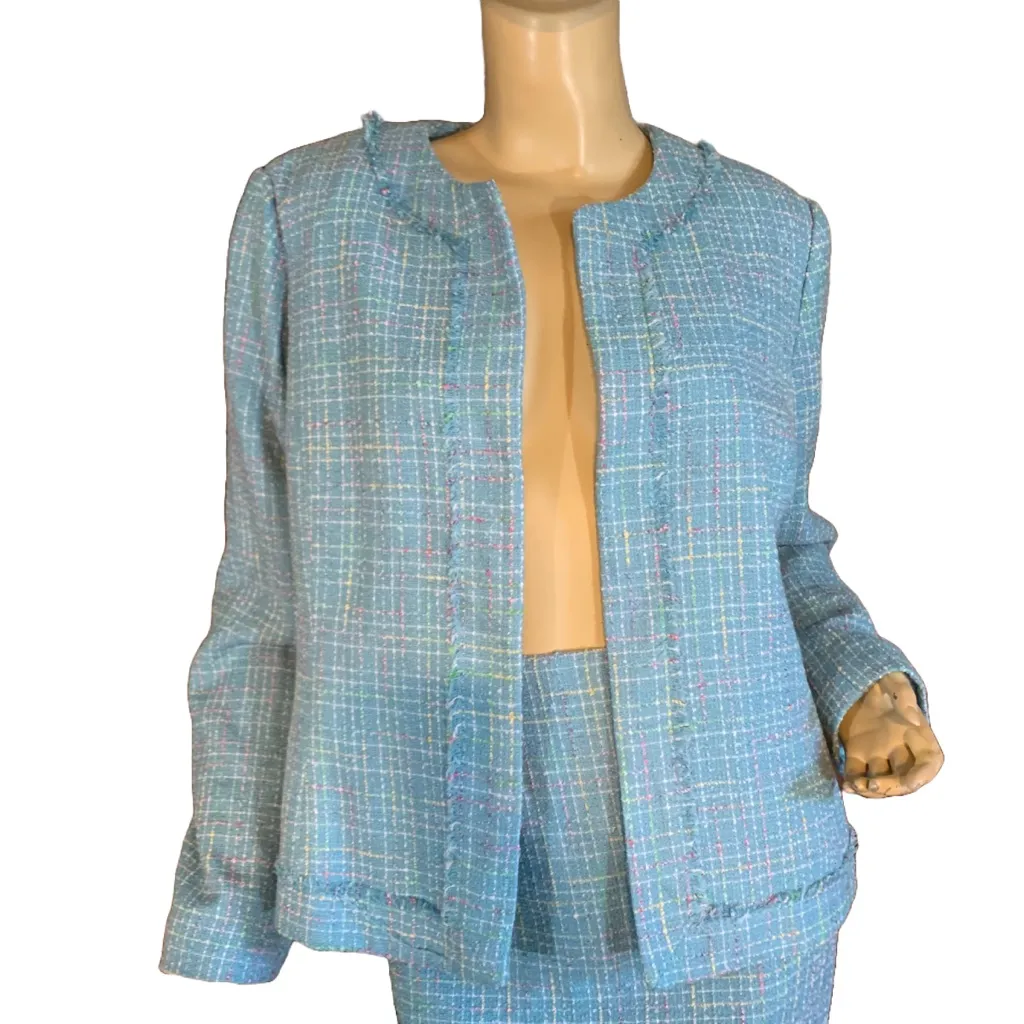REQUIREMENTS BLUE W/PASTEL PINK & YELLOW TWEED SKIRT SUIT WITH FRINGE ACCENT 16 - Image 7