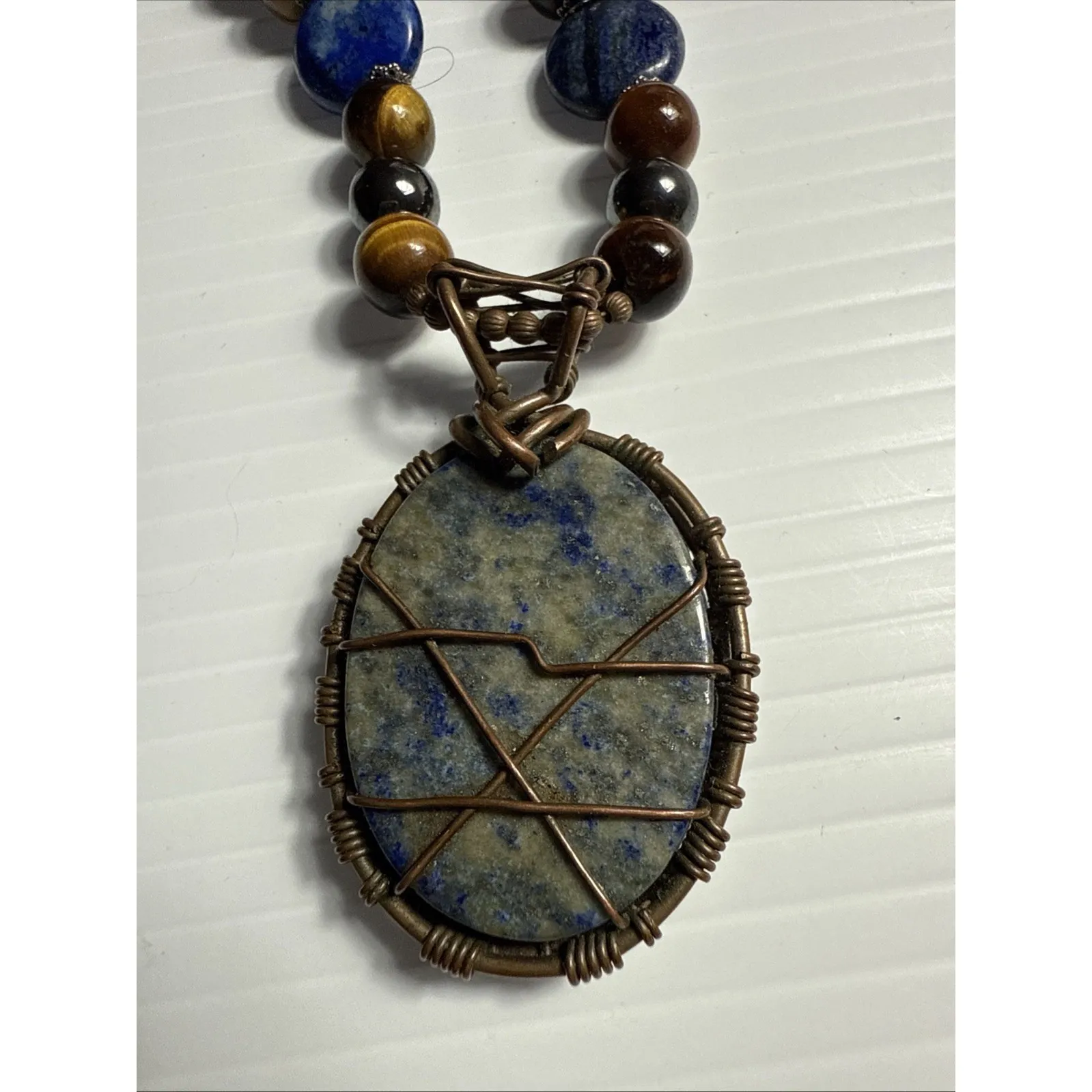 Handmade Tiger's Eye & Lapis Statement Gemstone Beaded Necklaces W Large Pendant Yellow - Image 4