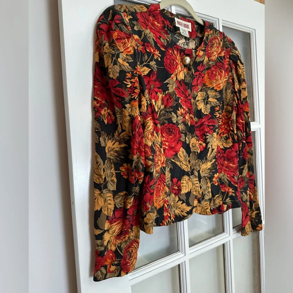 Vintage Maggy London Red & Gold Floral Lightweight Blazer Tailored Fit Size 6 S - Image 5