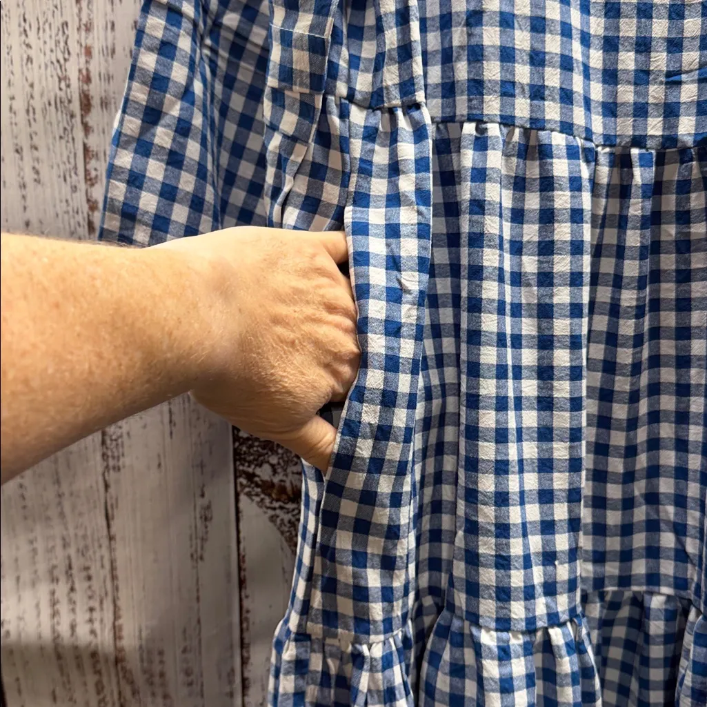 Petal & Pup NWT Blue and White Gingham Checkered Tiered 3/4 Sleeve Midi Dress - Image 4