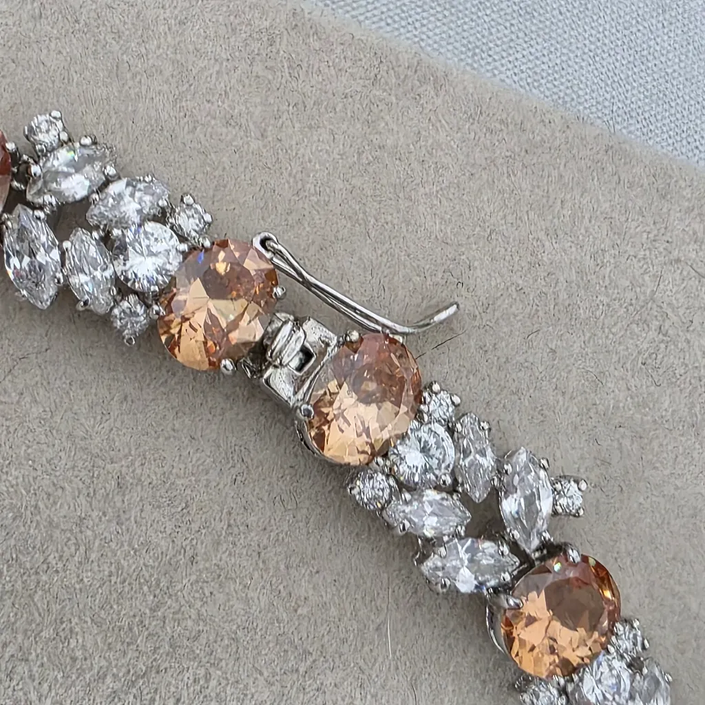 Silver Rhodium with Orange And Clear Zirconia Neckalce and Earrings Set - Image 3