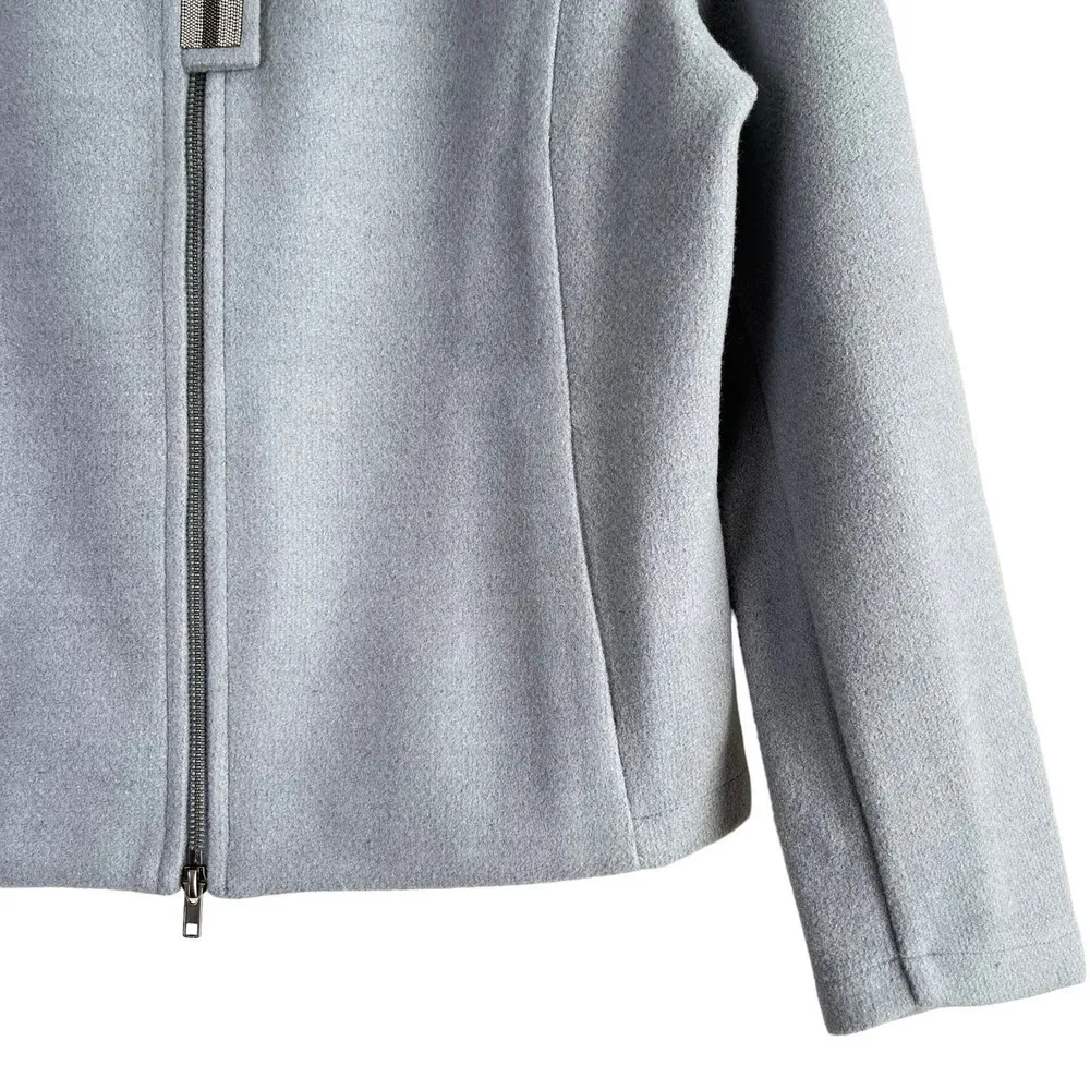 AMS Pure Wool Blend Mockneck Zip Front Blazer Jacket in Light Grey Blue, Size 12 Gray - Image 6