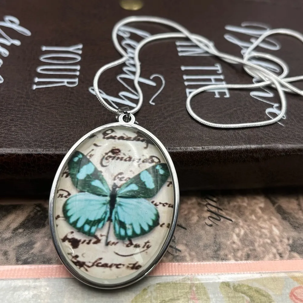 Blue Butterfly Art Pendant Necklace Stainless Steel Chain 20” Boho Jewelry - Image 10