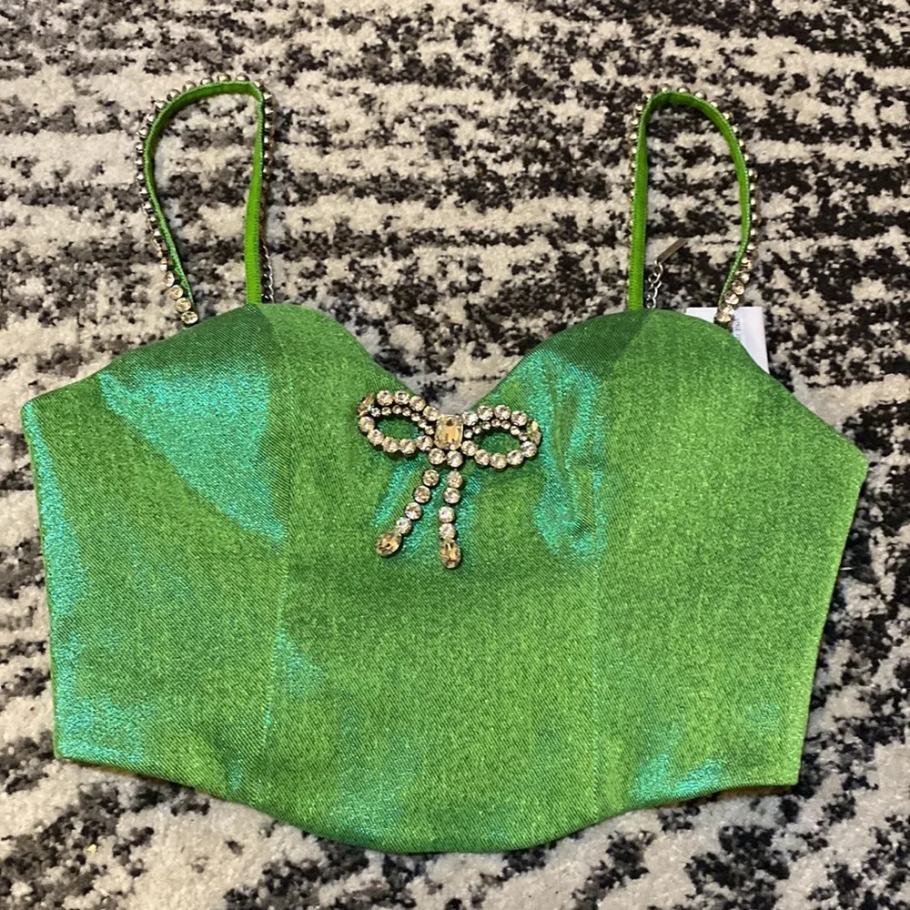 AREA Green Crystal Bow Tank Top size 6 - Image 5