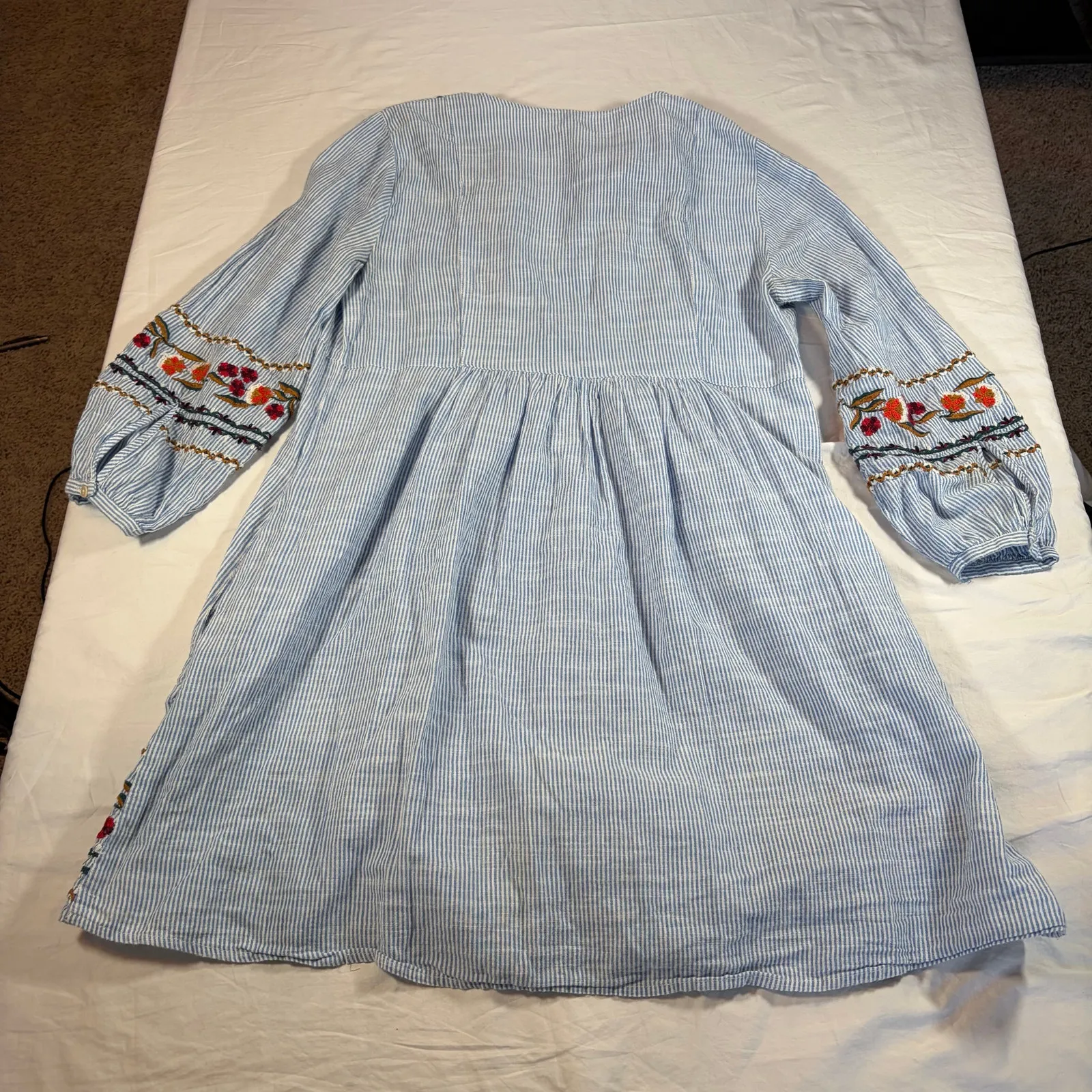 Zara trf collection womens blue white stripe 3/4 sleeve dress embroider floral S - Image 4