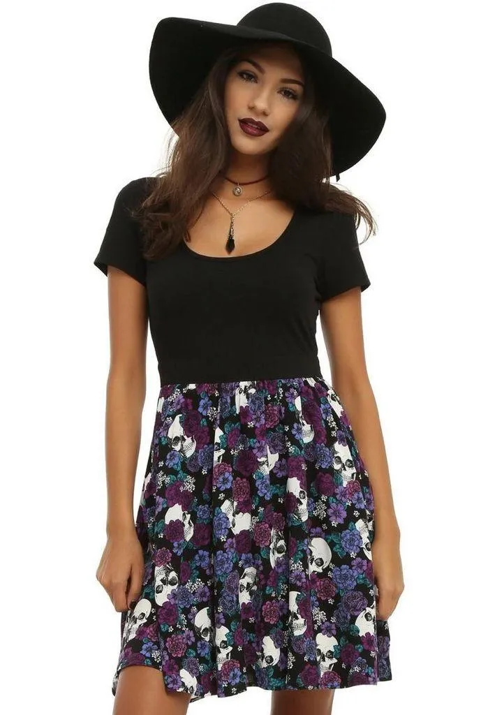Hot Topic Black & Purple Floral Skull Dress - Image 4