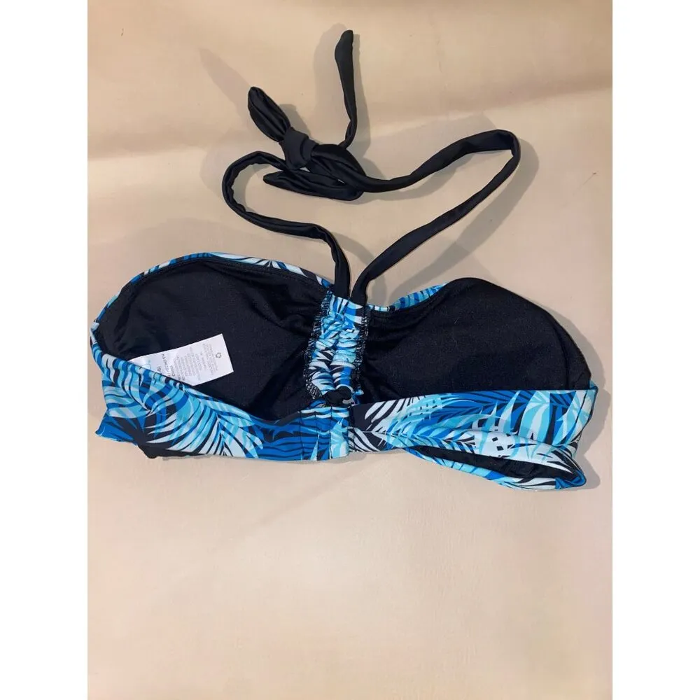 Time Tru Bandeau Bikini Top Small Blue Tropical Print Padded Adjustable Tie Back - Image 3