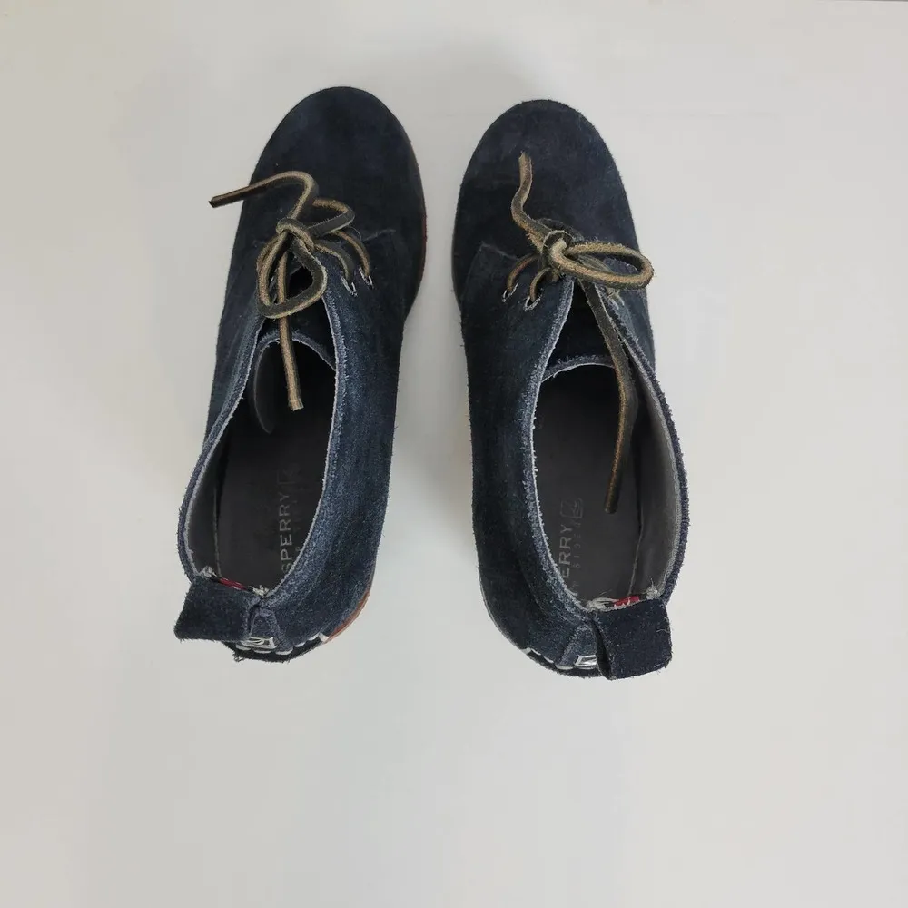 Sperry Womens Boots Size 6.5 Black Suede Round Toe Lace Up Wedge Heels - Image 2