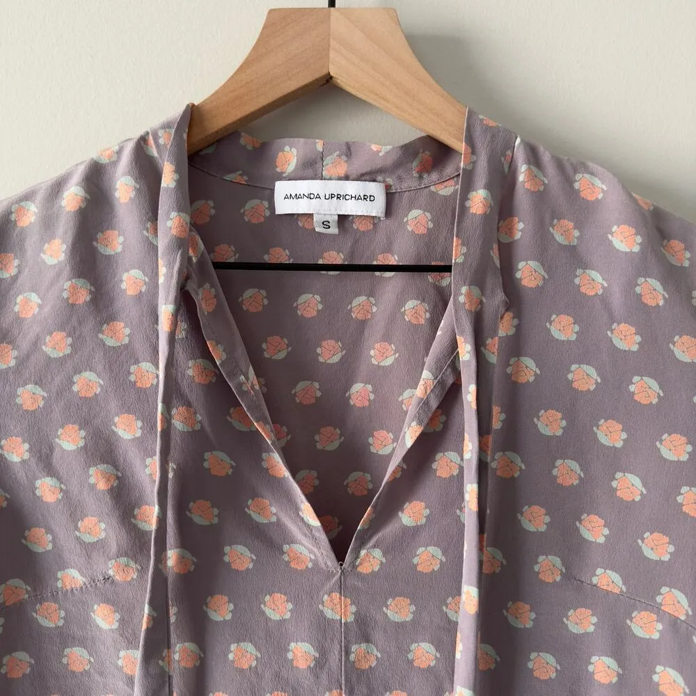 Amanda Uprichard 100% Silk Floral Top Long Sleeve Lightweight Tie V-Neck Preppy - Image 3