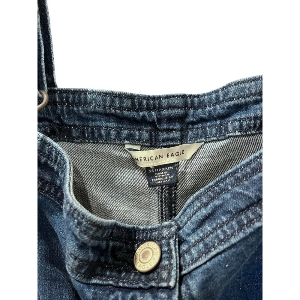 American Eagle Denim Jean Overalls Mini Dress Jumper Raw Hem Size XS Blue Casual - Image 3