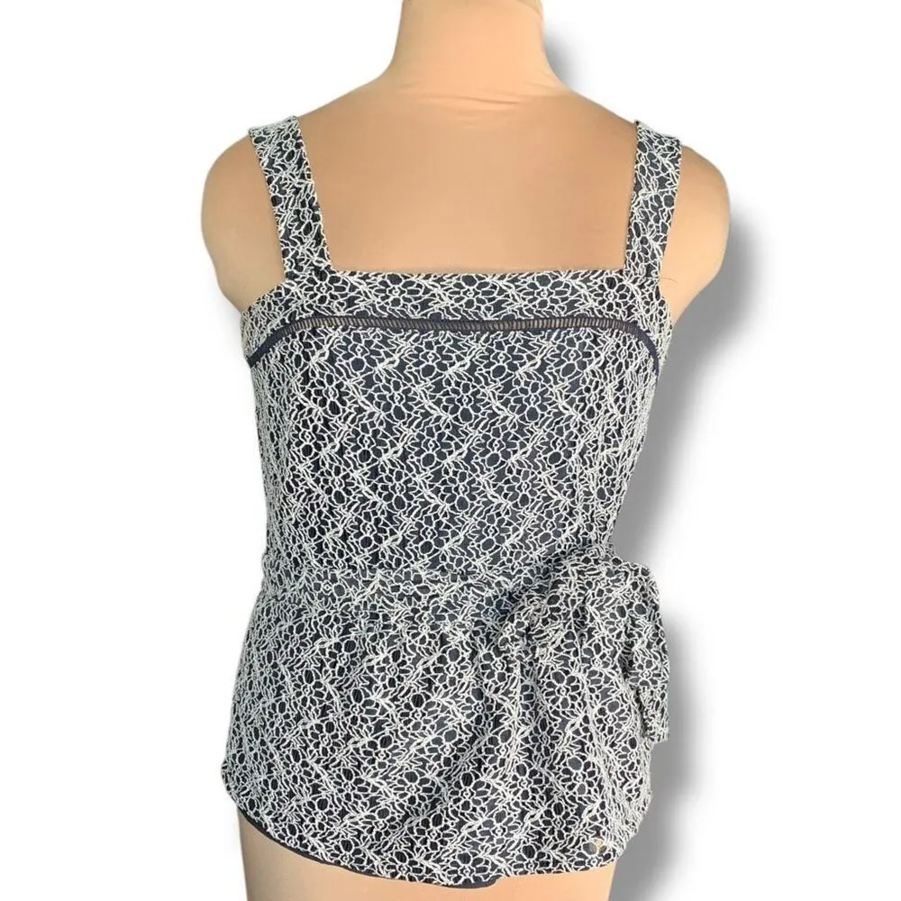 Banana Republic Tank Top Navy Blue Lace Peplum Square Neck Bow Tie Cutout Medium - Image 11