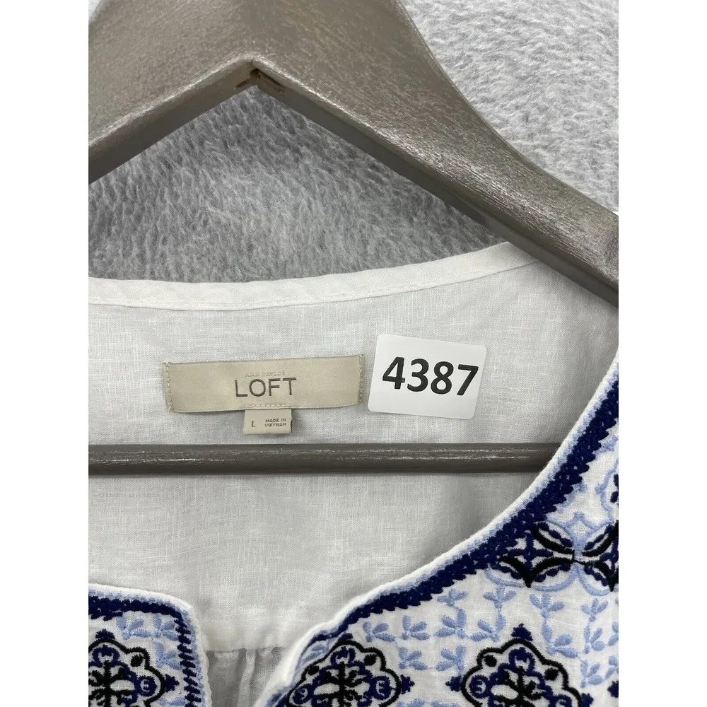 LOFT Ann Taylor Women's Blouse Sleeveless Embroidered Trim White Sz Large Linen - Image 8