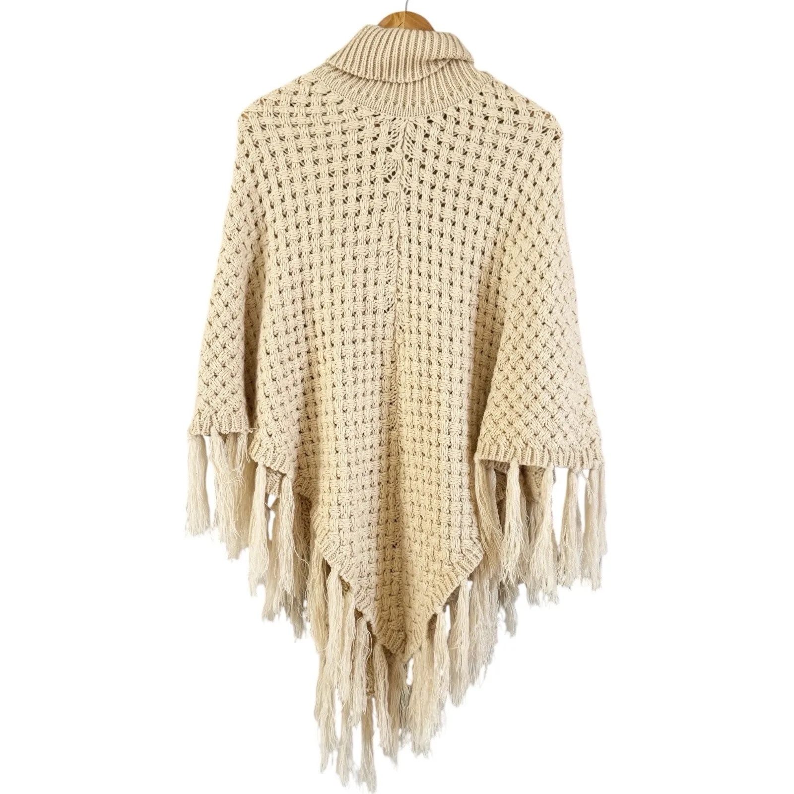Cream Chunky Knit Fringe Poncho Button Front Turtleneck Sweater Women’s One Size Size undefined - Image 2