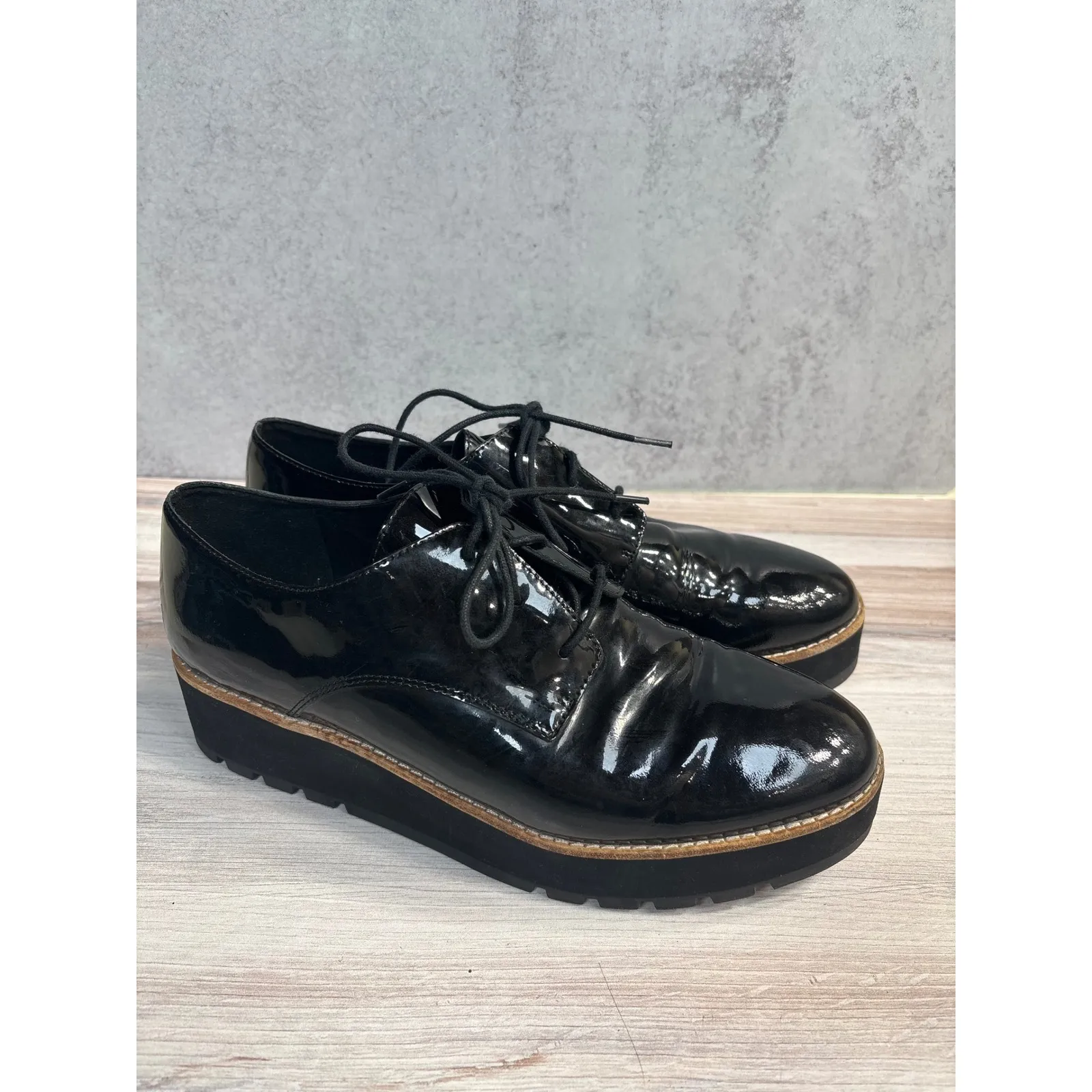 Eileen Fisher Eddy Derby SZ 9 Black Patent Leather Lace Up Oxford Platform Shoes - Image 7