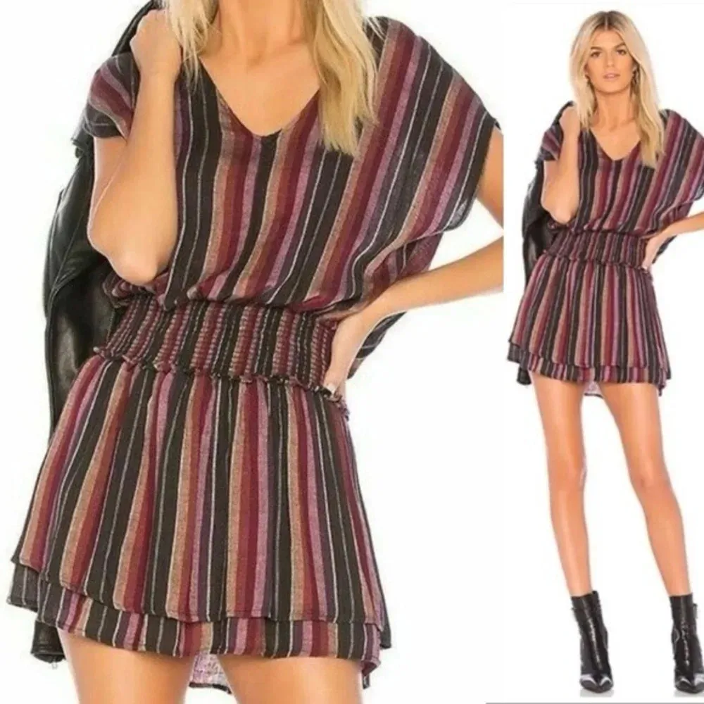 Rails Lucca Brava Stripe Mini Dress Smocked V-Neck Linen Blend Size M - Image 4