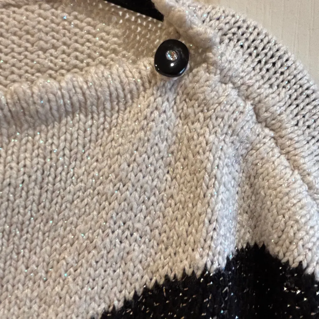 BLACK WHITE COLOR BLOCK WITH SILVER METALLIC THREADING THROUGHOUT BOAT NECKLINE - Image 3