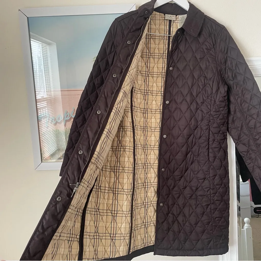 LL Bean Vintage 90s Quilted Long Barn Jacket Chore Coat Brown - Image 2