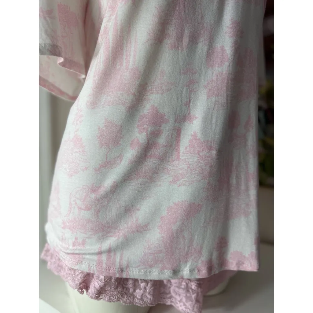 Honeydew White Pink Toile Lace Trim Pajama Set Shirt & Shorts Sleepwear Size XL - Image 8