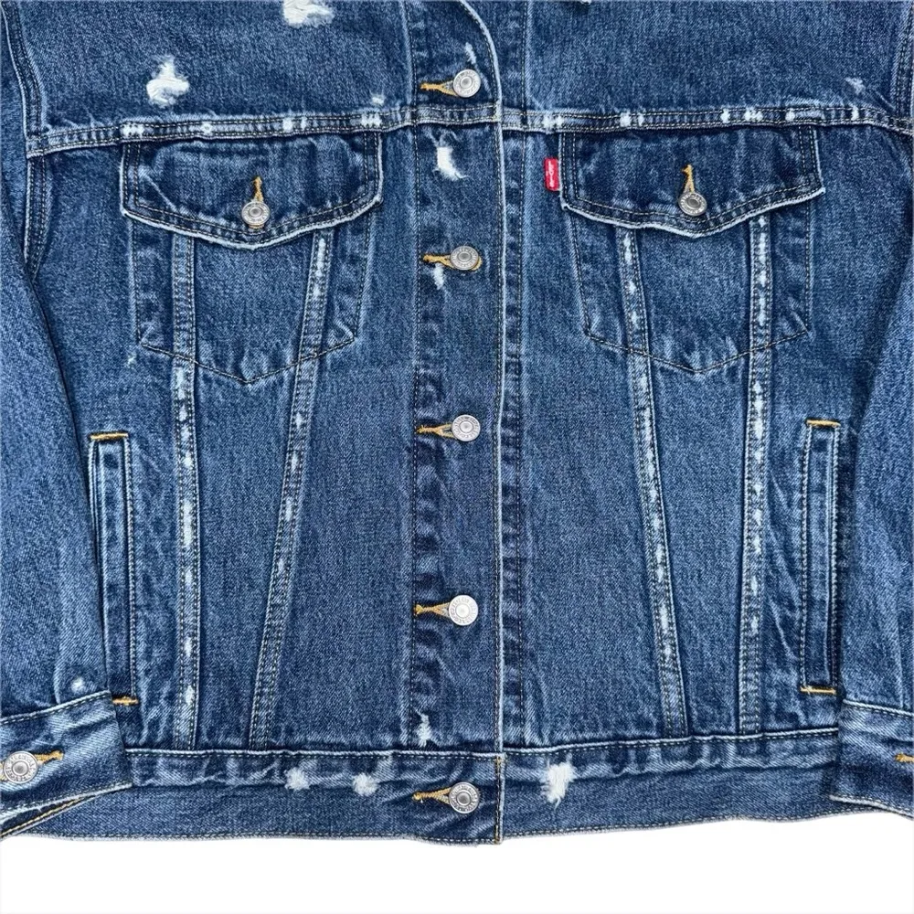 Levi’s Premium 90s Trucker Jacket Dark Wash Distressed Blue Denim Women’s Large - Image 3